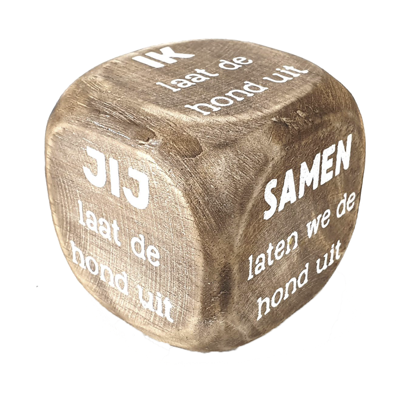 Dobbelsteen van hout, wie laat de hond uit