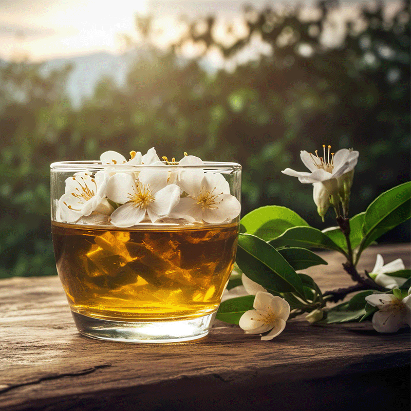Thee in een glas met bloemen en achtergrond bomen