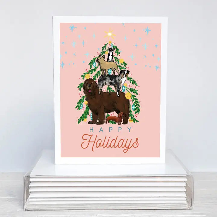 Kaartje met tekst Happy Holidays en hondjes op elkaar