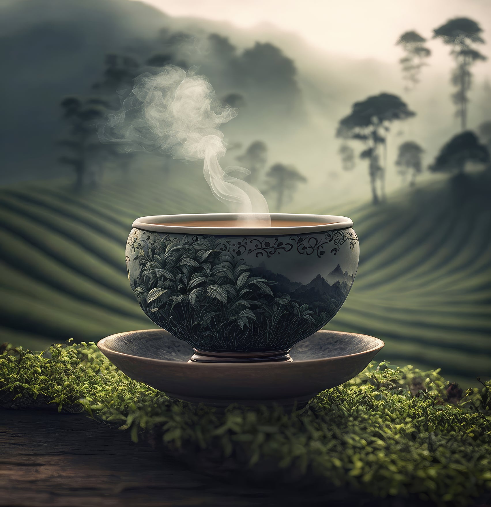 Kopje thee met landschap achtergrond