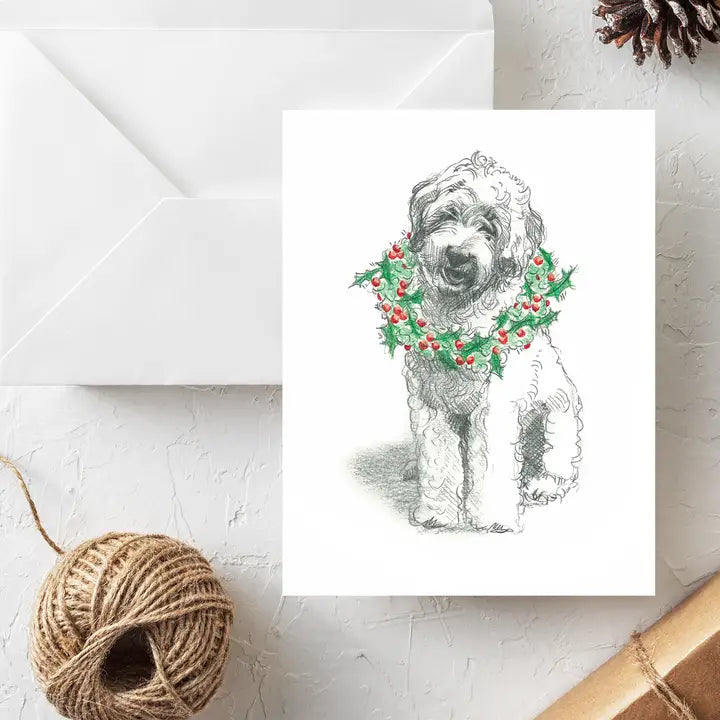 Kaartjt met doodle met een kerstkrans om 