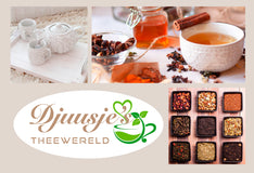 Djuusje's Theewereld flyer met logog diverse thee een plaatje met theepot en thee