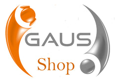 Logo van Gaus Shop Oranje hondje met grijs poppetje in Ying en Yang